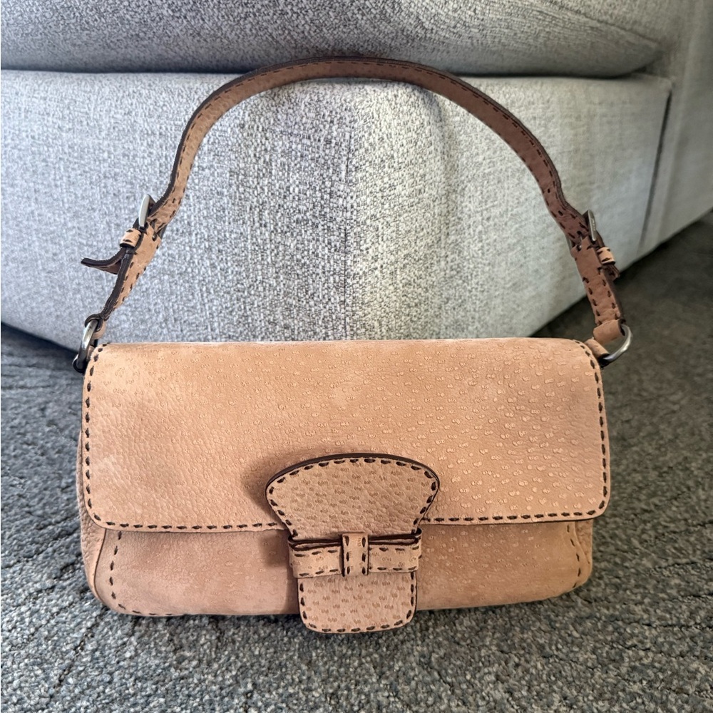 PRADA women's beige nubuck peccary leather flap shoulder bag